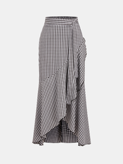 Dames Maxi Rok Gingham Asymmetrisch Ruches Hoge Taille - Zwart - Maelen
