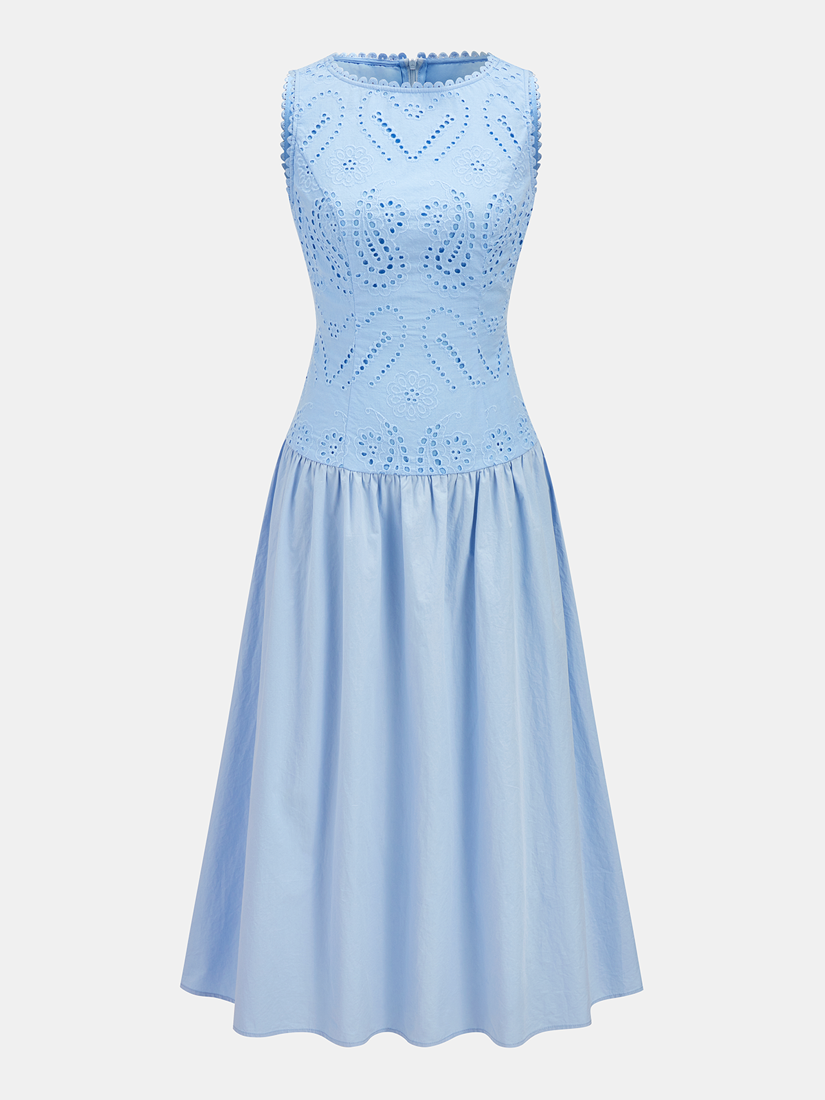 Dames Maxi Jurk Mouwloos 100% Katoen Ajour Borduursel - Blauw / Wit - Maelen