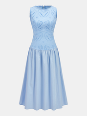 Dames Maxi Jurk Mouwloos 100% Katoen Ajour Borduursel - Blauw / Wit - Maelen