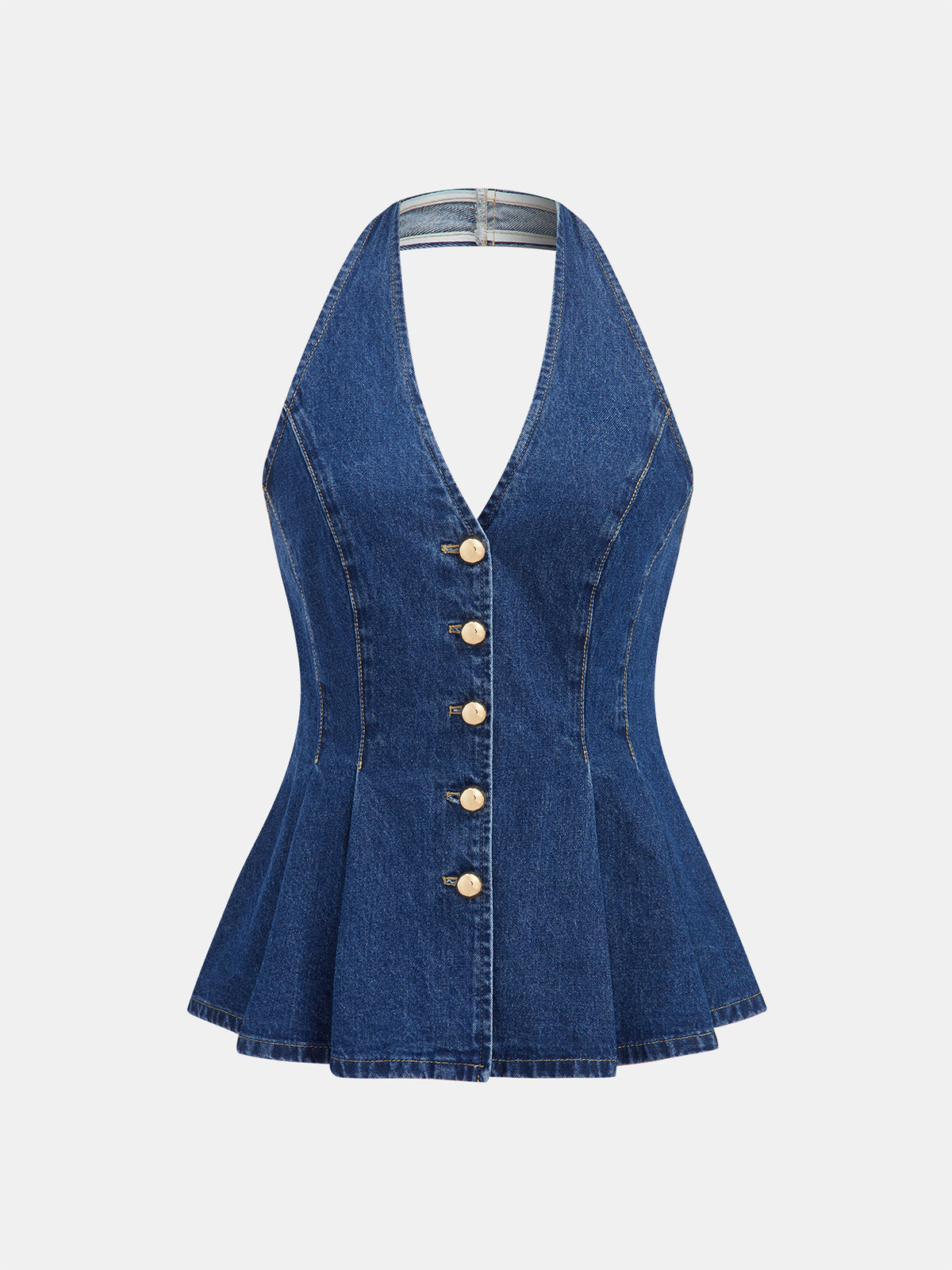 Dames Tweedelig Denim Setje Haltertop Peplum en Shorts - Blauw / Donkerblauw - Maelen