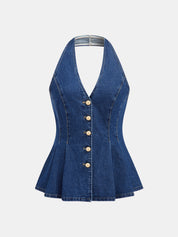 Dames Tweedelig Denim Setje Haltertop Peplum en Shorts - Blauw / Donkerblauw - Maelen