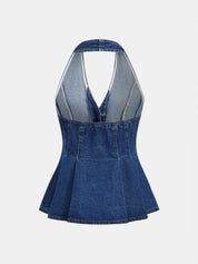 Dames Tweedelig Denim Setje Haltertop Peplum en Shorts - Blauw / Donkerblauw - Maelen