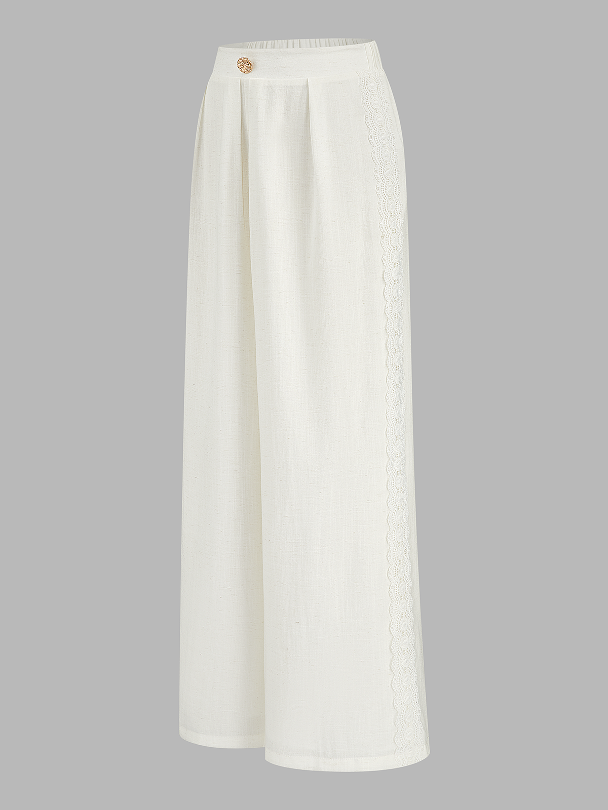 Dames Wide Leg Broek Linnen Blend Kant Afwerking Hoge Taille - Gebroken Wit - Maelen