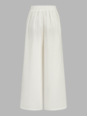 Dames Wide Leg Broek Linnen Blend Kant Afwerking Hoge Taille - Gebroken Wit - Maelen