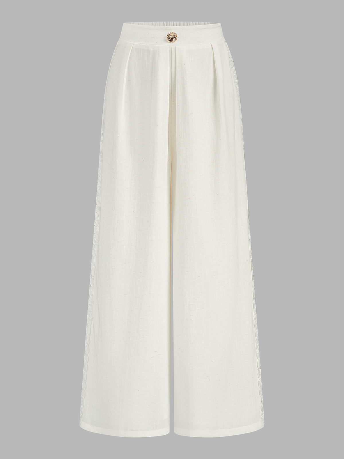 Dames Wide Leg Broek Linnen Blend Kant Afwerking Hoge Taille - Gebroken Wit - Maelen
