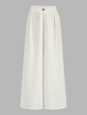 Dames Wide Leg Broek Linnen Blend Kant Afwerking Hoge Taille - Gebroken Wit - Maelen
