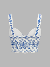 Dames Tweedelig Setje Bedrukte Cami Top en Wide Leg Broek - Wit / Blauw - Maelen