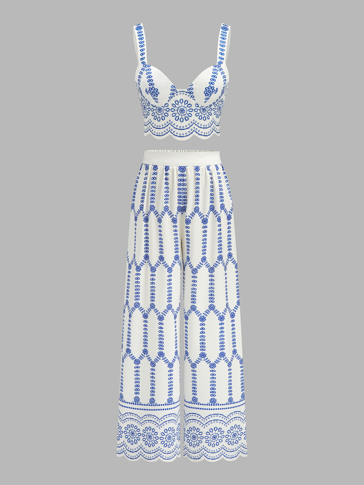 Dames Tweedelig Setje Bedrukte Cami Top en Wide Leg Broek - Wit / Blauw - Maelen