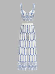 Dames Tweedelig Setje Bedrukte Cami Top en Wide Leg Broek - Wit / Blauw - Maelen