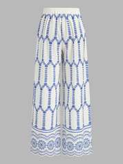 Dames Tweedelig Setje Bedrukte Cami Top en Wide Leg Broek - Wit / Blauw - Maelen
