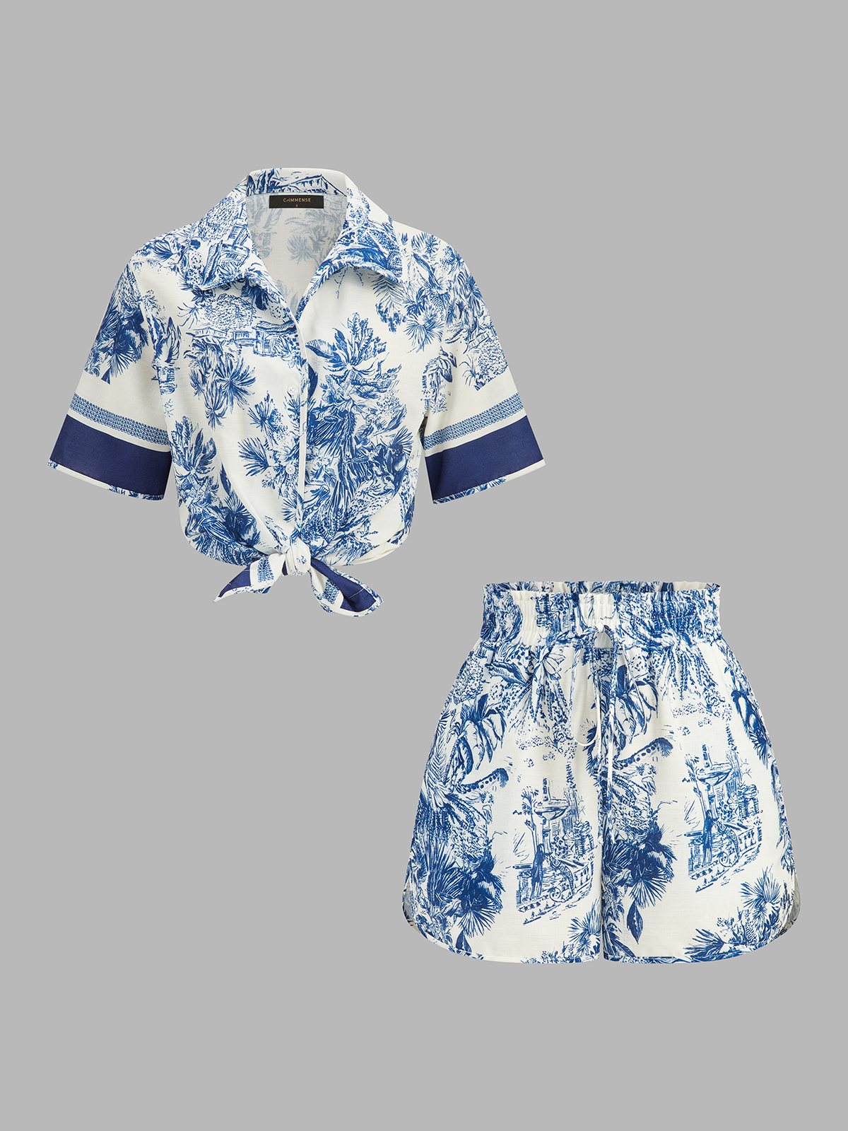 Dames Tweedelig Setje Overhemd en Shorts Toile Print - Blauw / Wit - Maelen
