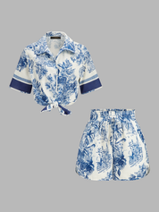 Dames Tweedelig Setje Overhemd en Shorts Toile Print - Blauw / Wit - Maelen