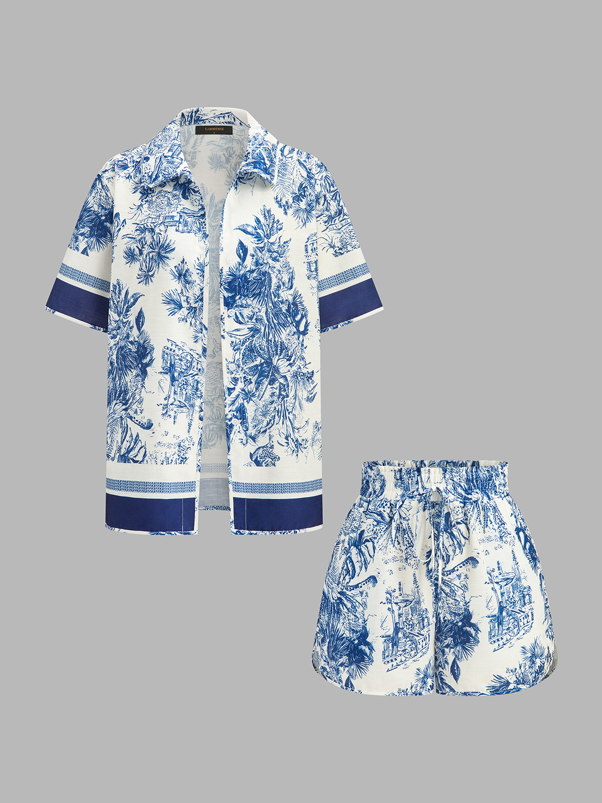 Dames Tweedelig Setje Overhemd en Shorts Toile Print - Blauw / Wit - Maelen