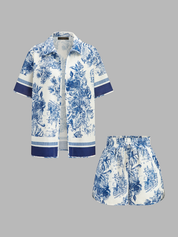 Dames Tweedelig Setje Overhemd en Shorts Toile Print - Blauw / Wit - Maelen