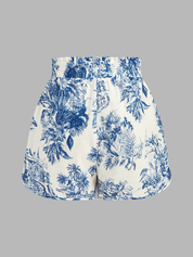 Dames Tweedelig Setje Overhemd en Shorts Toile Print - Blauw / Wit - Maelen
