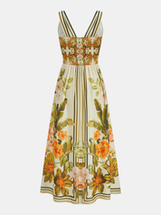 Dames Maxi Jurk Diepe V-hals Tropical Bloemenprint Mouwloos - Groen - Maelen