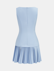 Dames Mini Jurk Boothalslijn Mouwloos Geplooide Rok - Blauw - Maelen