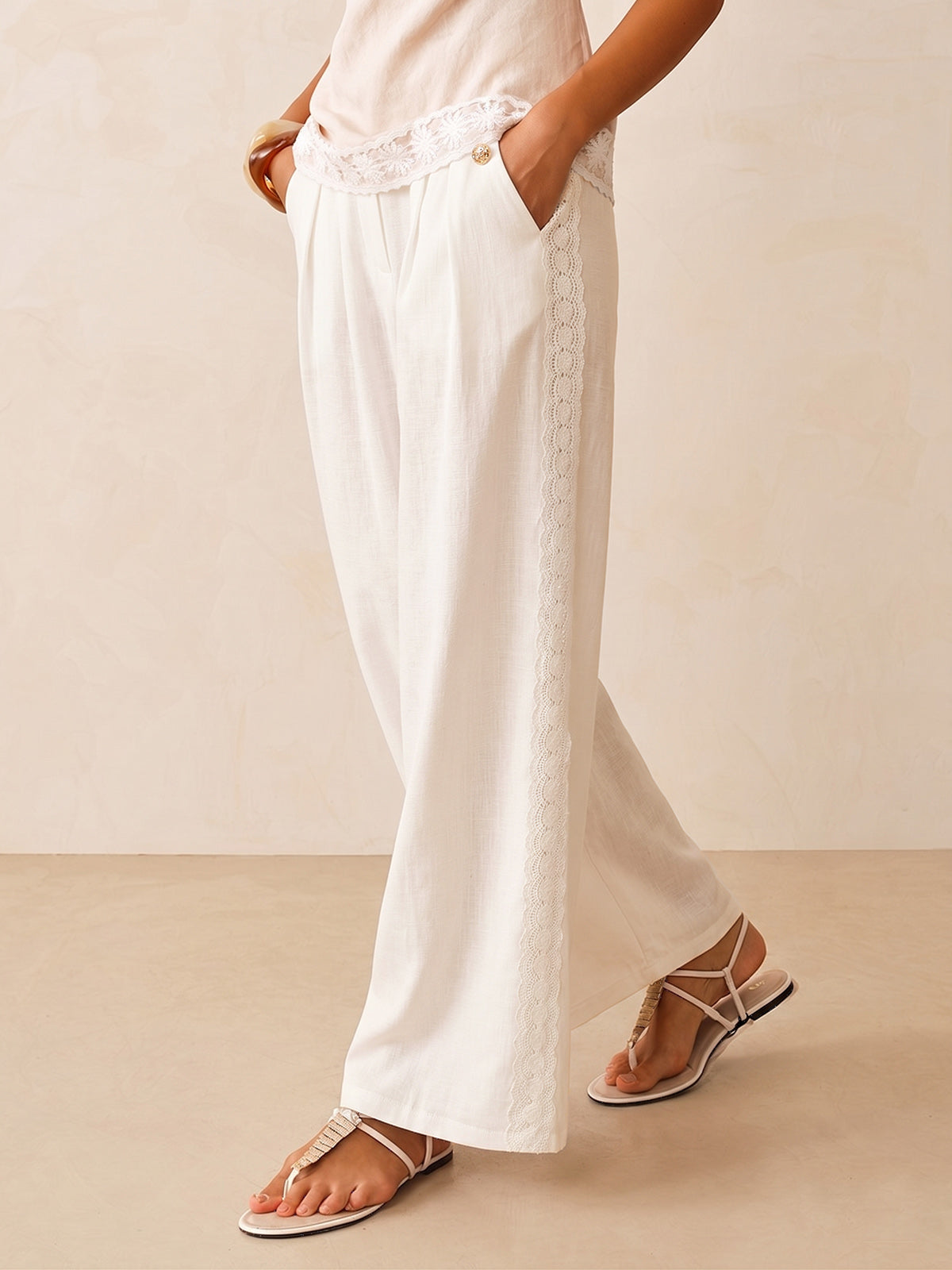 Dames Wide Leg Broek Linnen Blend Kant Afwerking Hoge Taille - Gebroken Wit - Maelen