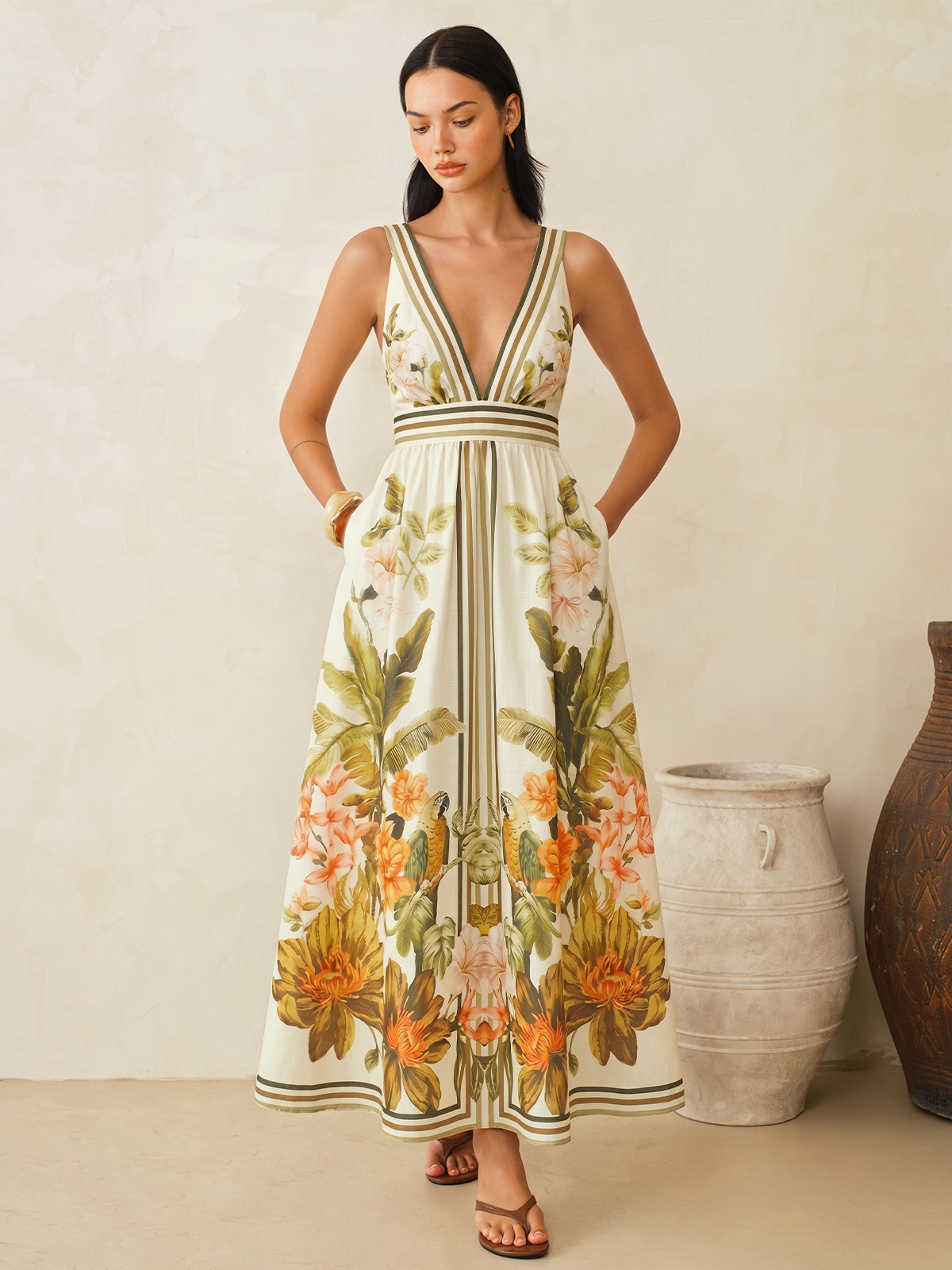 Dames Maxi Jurk Diepe V-hals Tropical Bloemenprint Mouwloos - Groen - Maelen