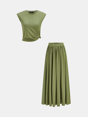 Dames Tweedelig Setje Twisted Cap Sleeve Top en Maxi Rok - Legergroen - Maelen