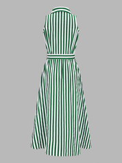 Dames Midi Jurk Mouwloos 100% Katoen Gestreept Ceintuur - Groen / Wit - Maelen