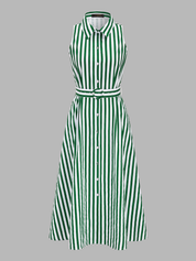 Dames Midi Jurk Mouwloos 100% Katoen Gestreept Ceintuur - Groen / Wit - Maelen
