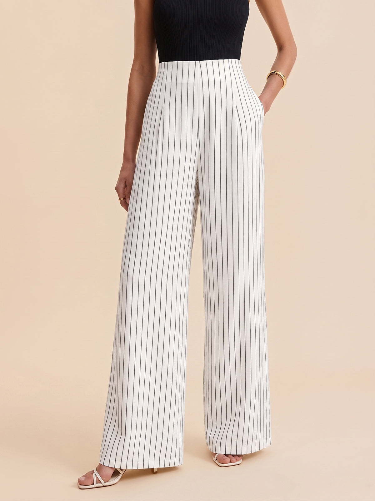 Dames Wide Leg Broek Krijtstreep Katoen Linnen Tencel - Gebroken Wit - Maelen