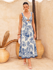 Dames Maxi Jurk Mouwloos Tropical Print Cutout Detail - Blauw Wit - Maelen