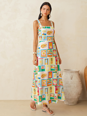 Dames Maxi Jurk Spaghettibandjes Tropical Print Wijd Uitlopend - Multicolor - Maelen