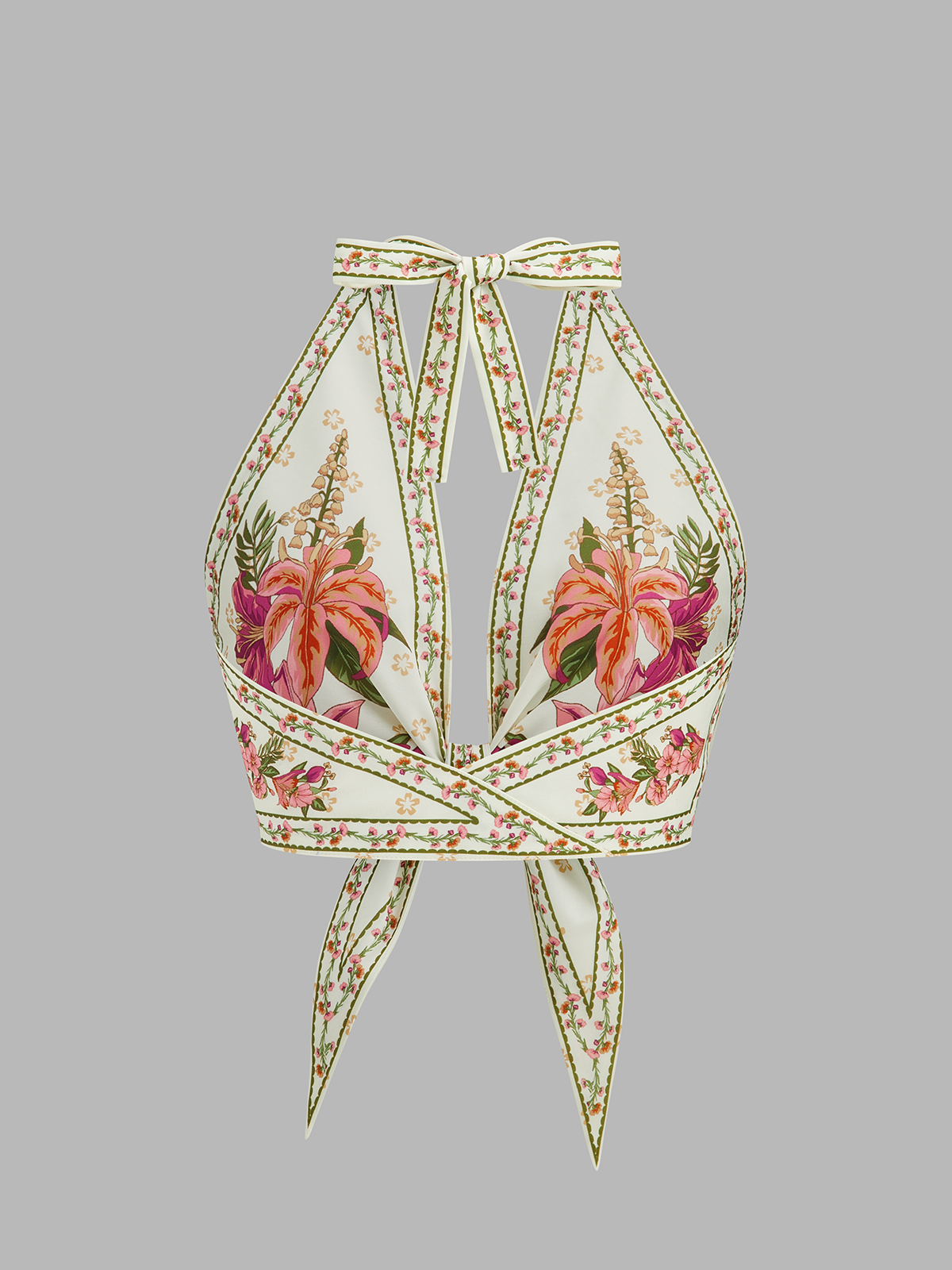 Dames Cropped Haltertop Strik Voorzijde Bloemenprint - Multicolor - Maelen