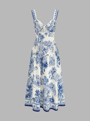Dames Maxi Jurk Mouwloos Tropical Print Cutout Detail - Blauw Wit - Maelen