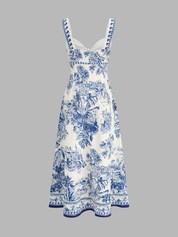 Dames Maxi Jurk Mouwloos Tropical Print Cutout Detail - Blauw Wit - Maelen