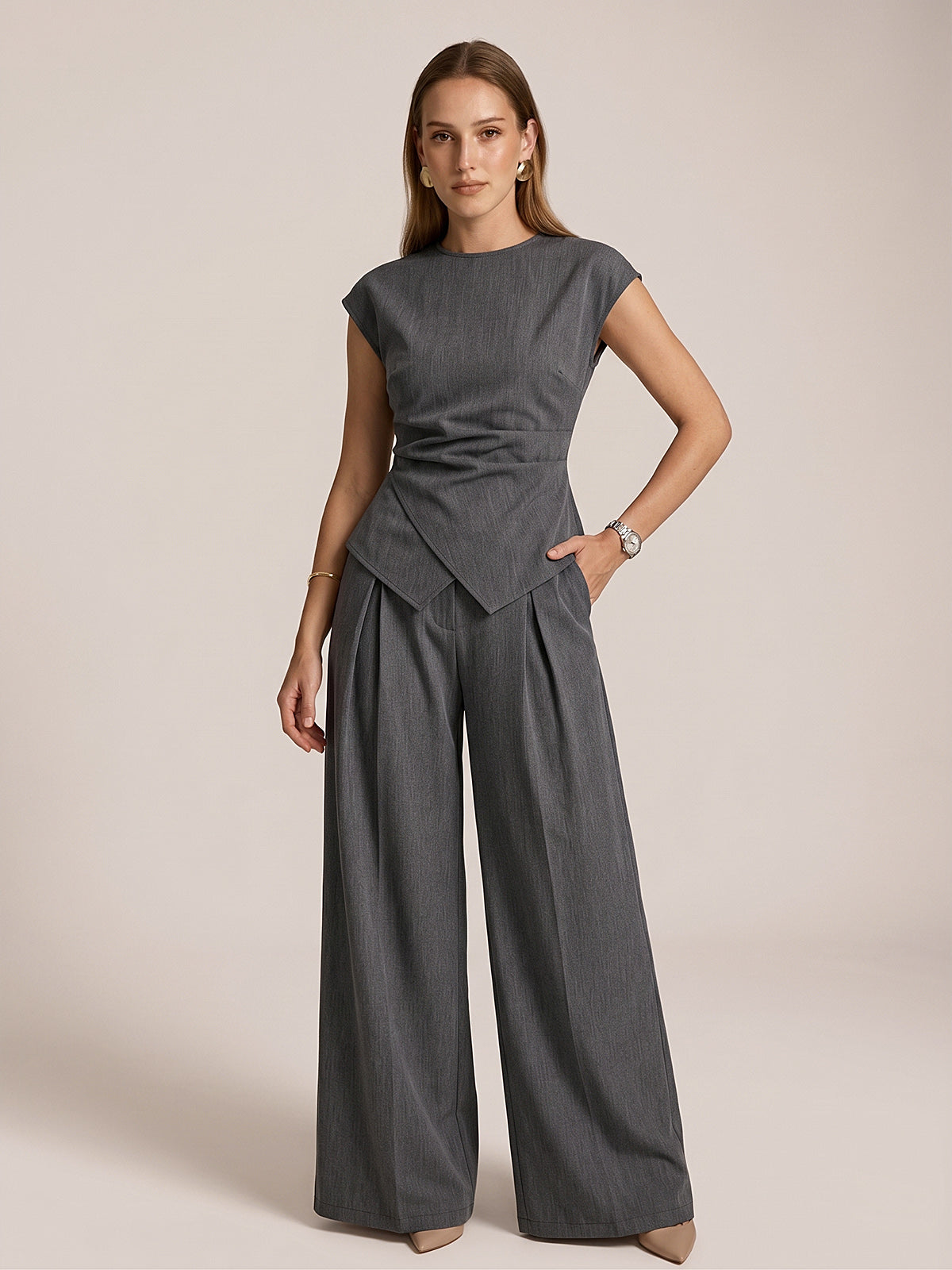 Dames Tweedelig Setje Geplooide Blouse Cap Sleeve en Geplooide Broek - Grijs - Maelen