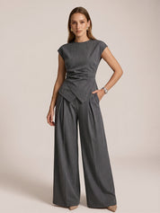 Dames Tweedelig Setje Geplooide Blouse Cap Sleeve en Geplooide Broek - Grijs - Maelen