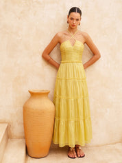 Dames Maxi Jurk Halter Gelaagd Gerimpeld Tule - Geel - Maelen