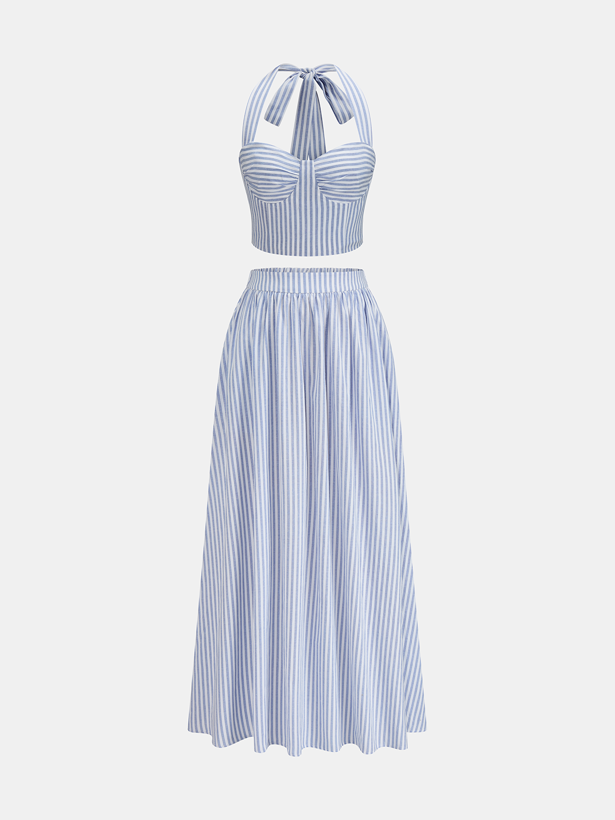 Dames Tweedelig Setje Halter Crop Top en Midi Rok Gestreept Katoen Blend - Blauw - Maelen