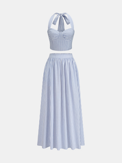 Dames Tweedelig Setje Halter Crop Top en Midi Rok Gestreept Katoen Blend - Blauw - Maelen