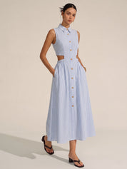 Dames Midi Blousejurk Mouwloos Gestreept Cutout Knoopsluiting - Lichtblauw - Maelen