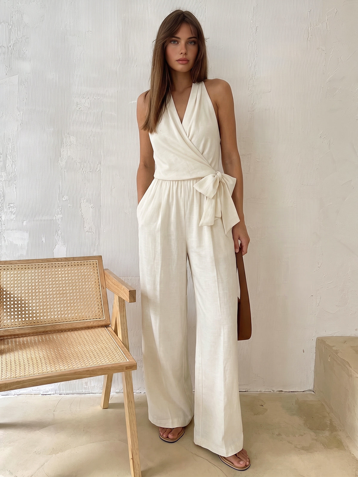 Dames Jumpsuit Wide Leg Halter Strikceintuur - Gebroken Wit - Maelen