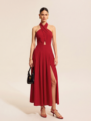 Dames Maxi Jurk Halter Katoen Linnen Split - Rood - Maelen