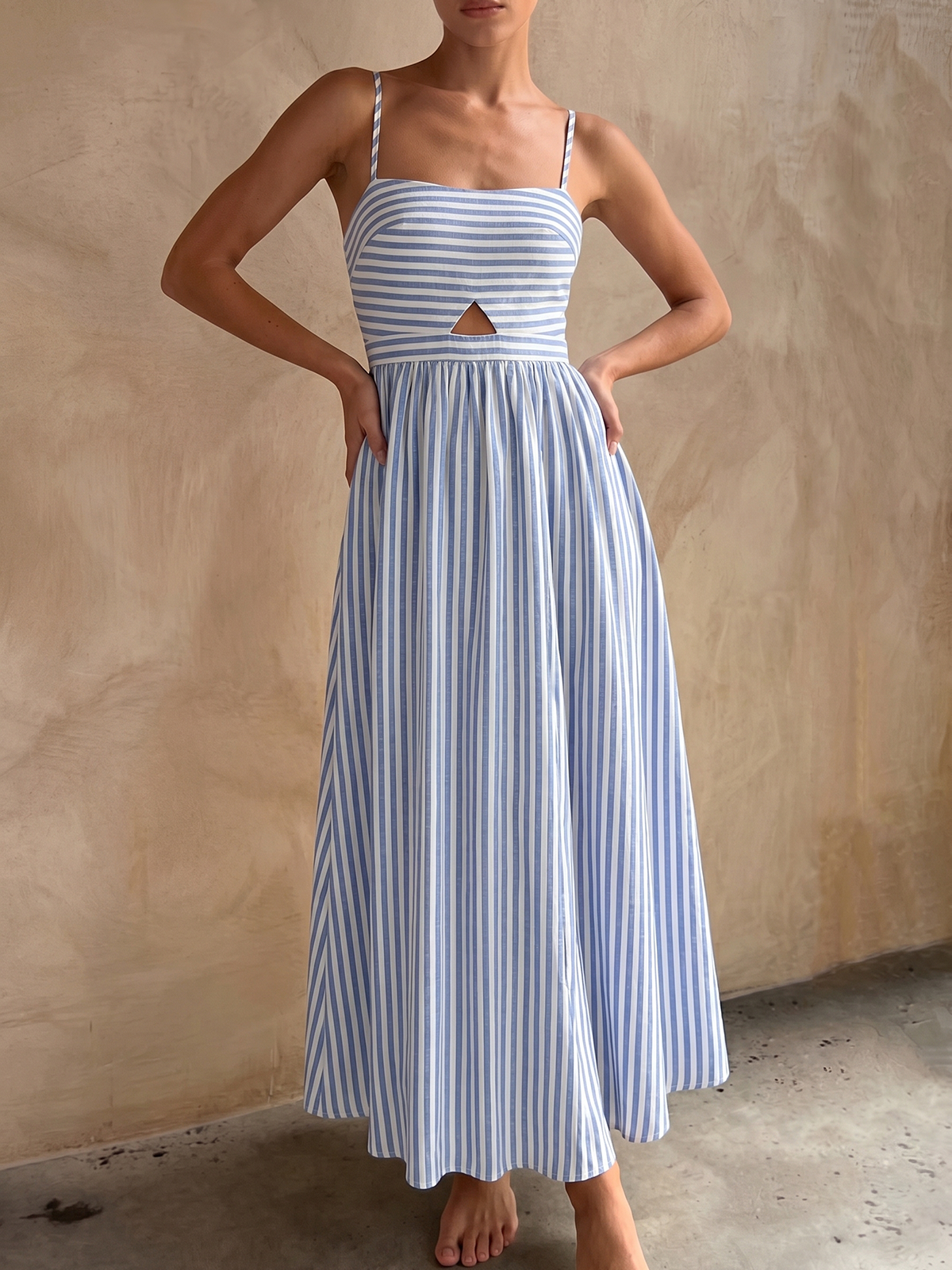 Dames Cami Maxi Jurk Gestreept Katoen Blend Cutout Detail - Blauw - Maelen