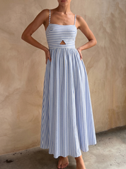 Dames Cami Maxi Jurk Gestreept Katoen Blend Cutout Detail - Blauw - Maelen