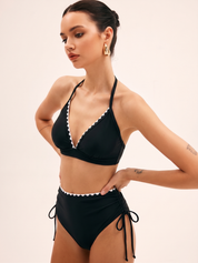 Dames Tweedelig Bikini Halter Schelpenrand Contrast - Zwart - Maelen