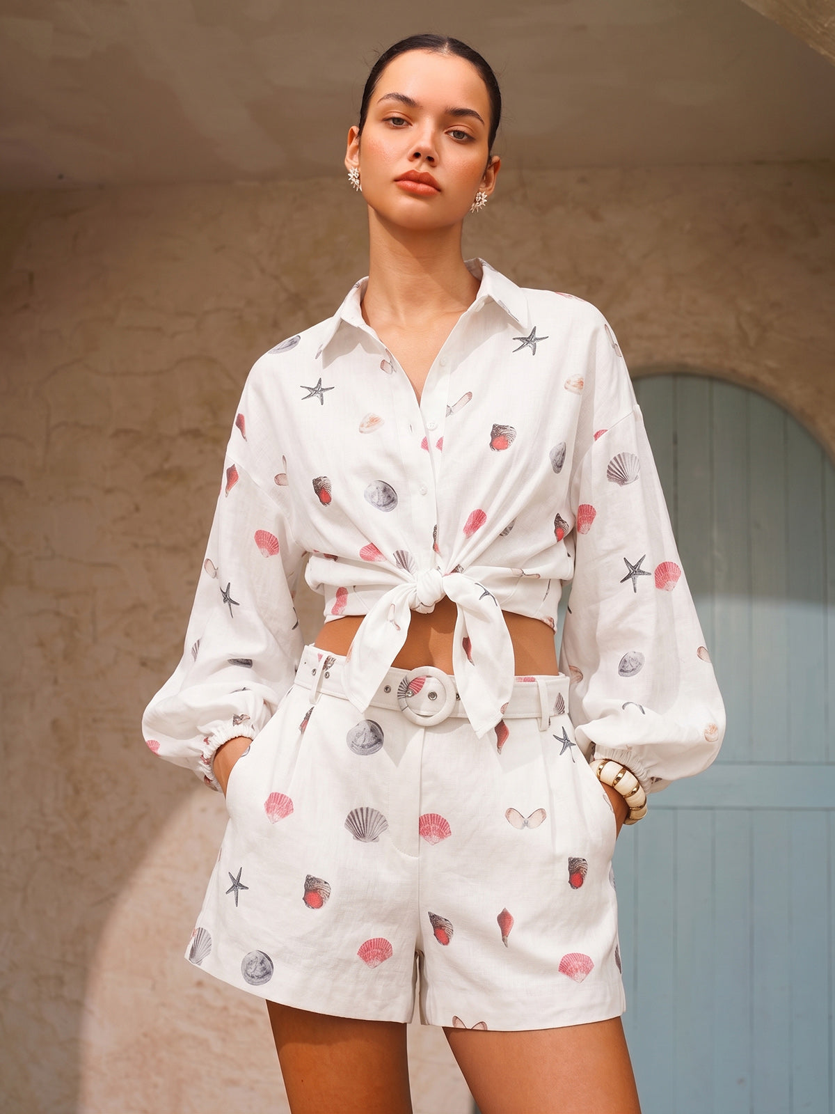 Dames Tweedelig Setje Overhemd en Shorts Linnen Blend Schelpenprint - Wit / Multicolor - Maelen