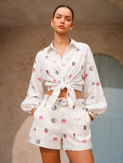 Dames Tweedelig Setje Overhemd en Shorts Linnen Blend Schelpenprint - Wit / Multicolor - Maelen