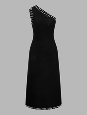 Dames Gebreide Maxi Jurk One Shoulder Contraststiksels Linnen Blend - Zwart - Maelen