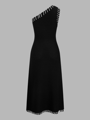Dames Gebreide Maxi Jurk One Shoulder Contraststiksels Linnen Blend - Zwart - Maelen