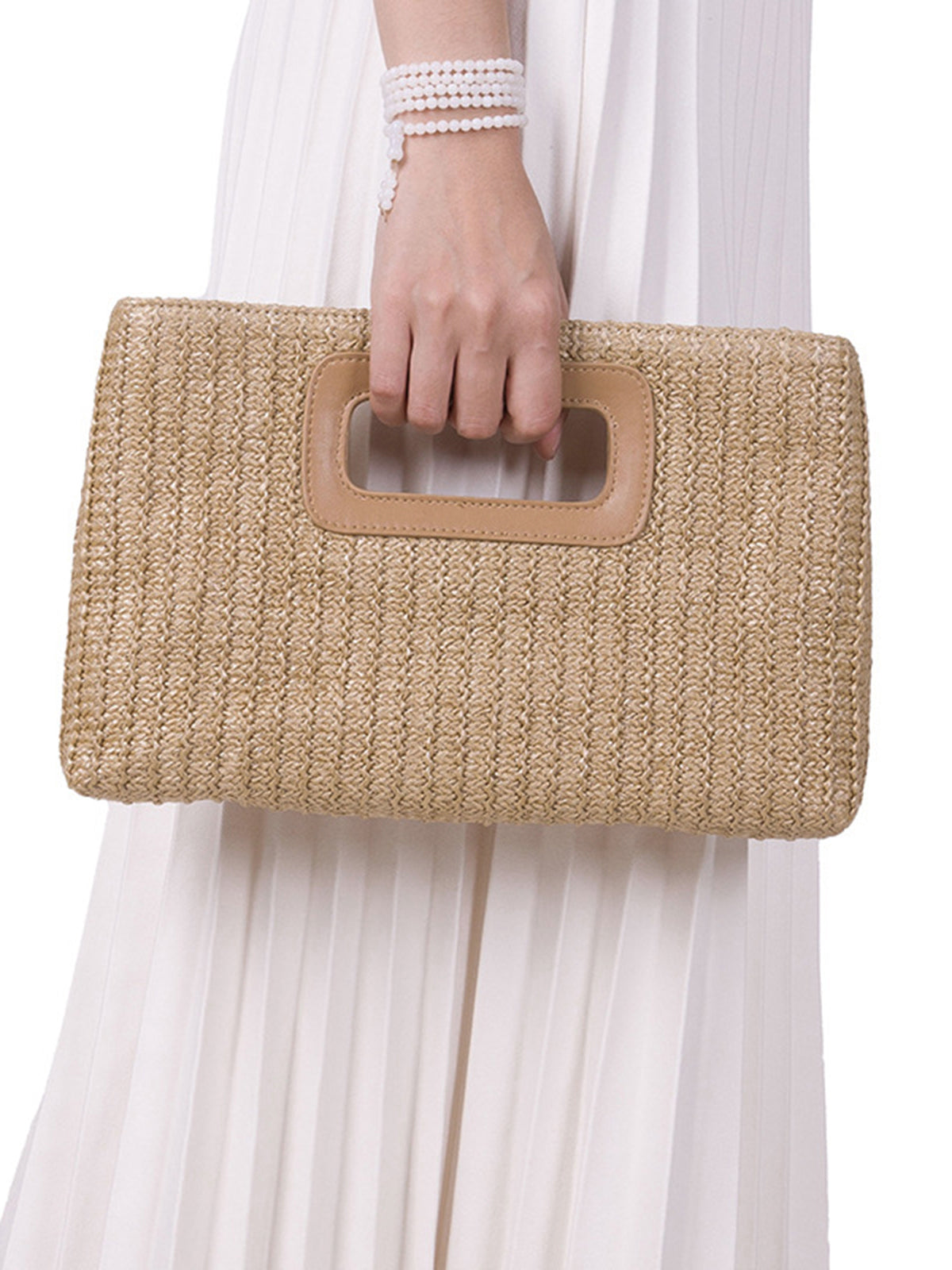 Dames Clutch Tas Gevlochten Stro Cutout Handvat - Khaki - Maelen