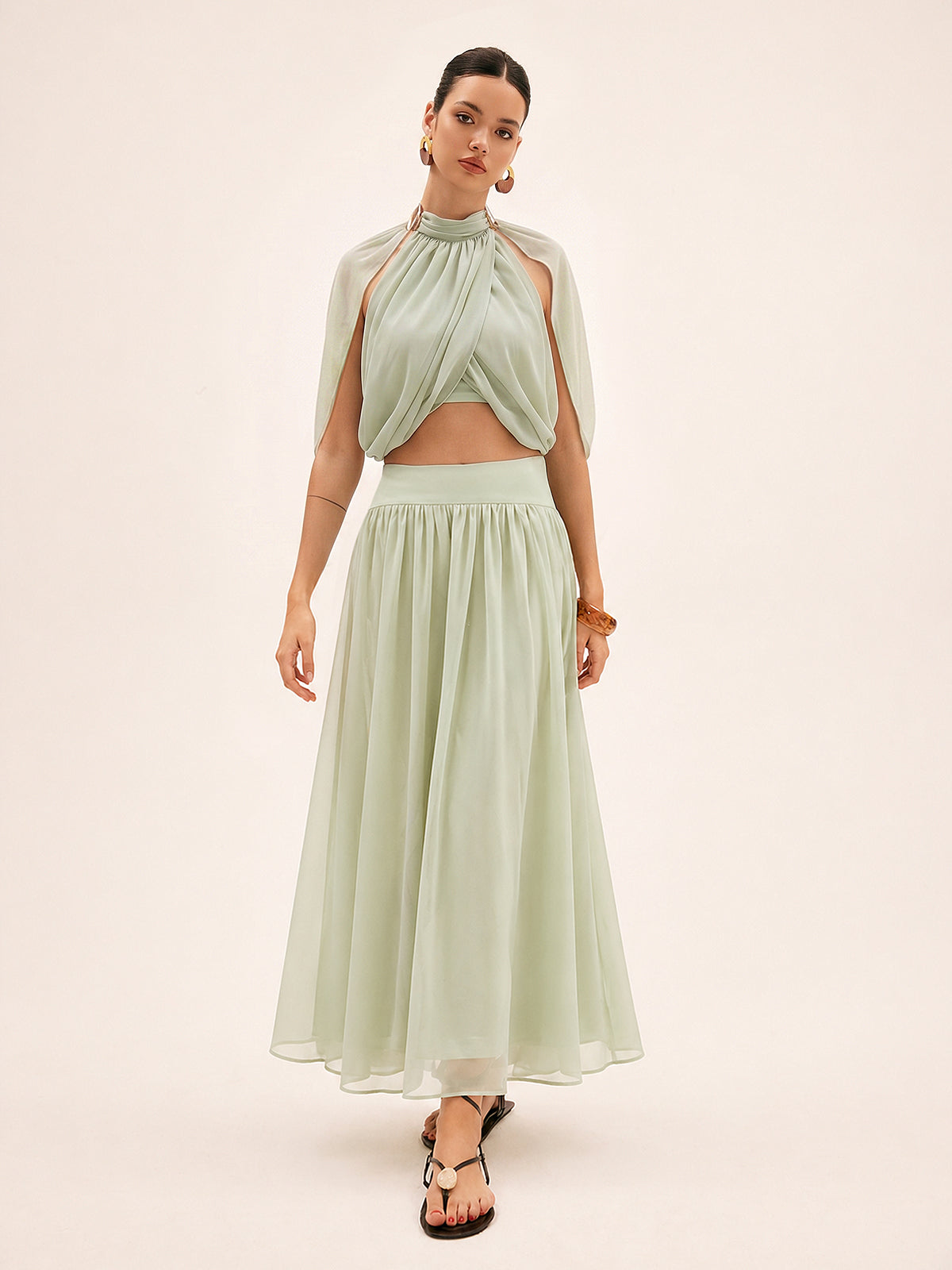 Dames Tweedelig Setje Chiffon Capelet Top en Maxi Rok - Mintgroen - Maelen