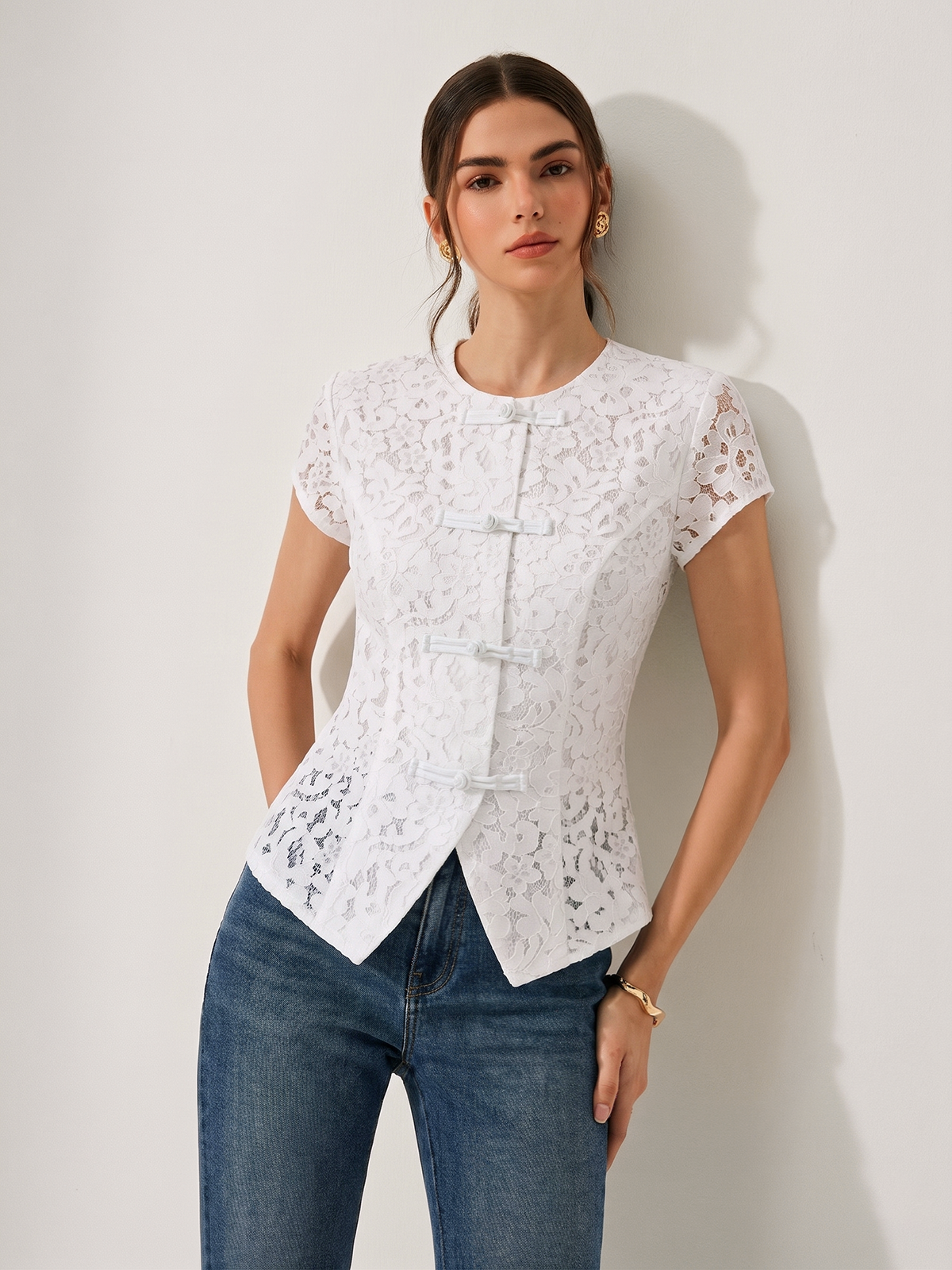 Dames Kanten Blouse Korte Mouwen Kikkerknoopjes - Gebroken Wit - Maelen